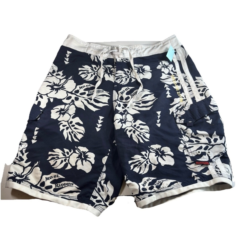 Maui Rippers Men's 33 Board Shorts, Blue & White Floral, Embroidered, Swimtrunks